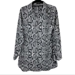 BCBGMaxAzria Snake Skin Print Button Down Tunic Top Sz XS Oversized Boho Chic